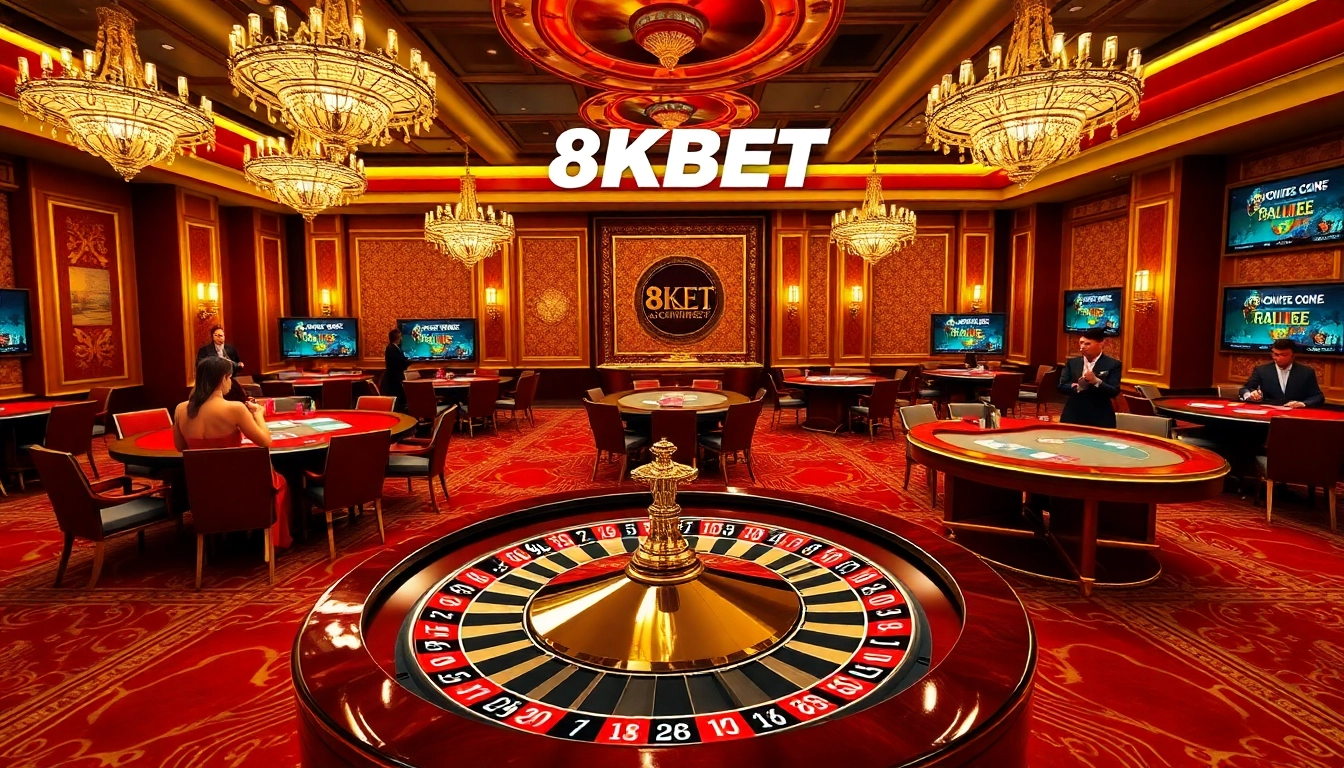 Engage in thrilling gambling action with 8KBET's luxurious casino atmosphere featuring roulette and poker games.