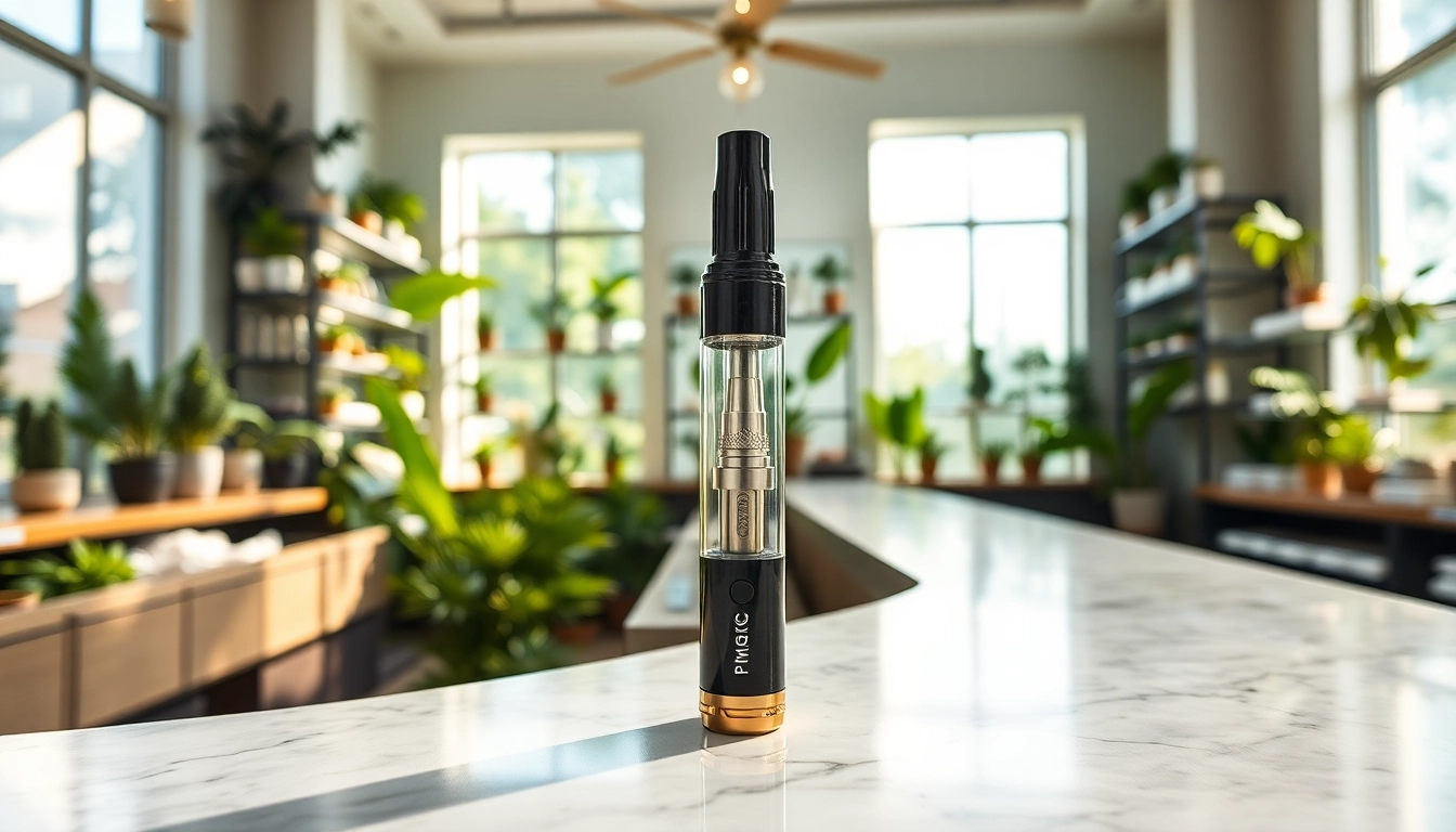 Buy DMT online: Premium DMT vape cartridge prominently displayed in a modern dispensary.