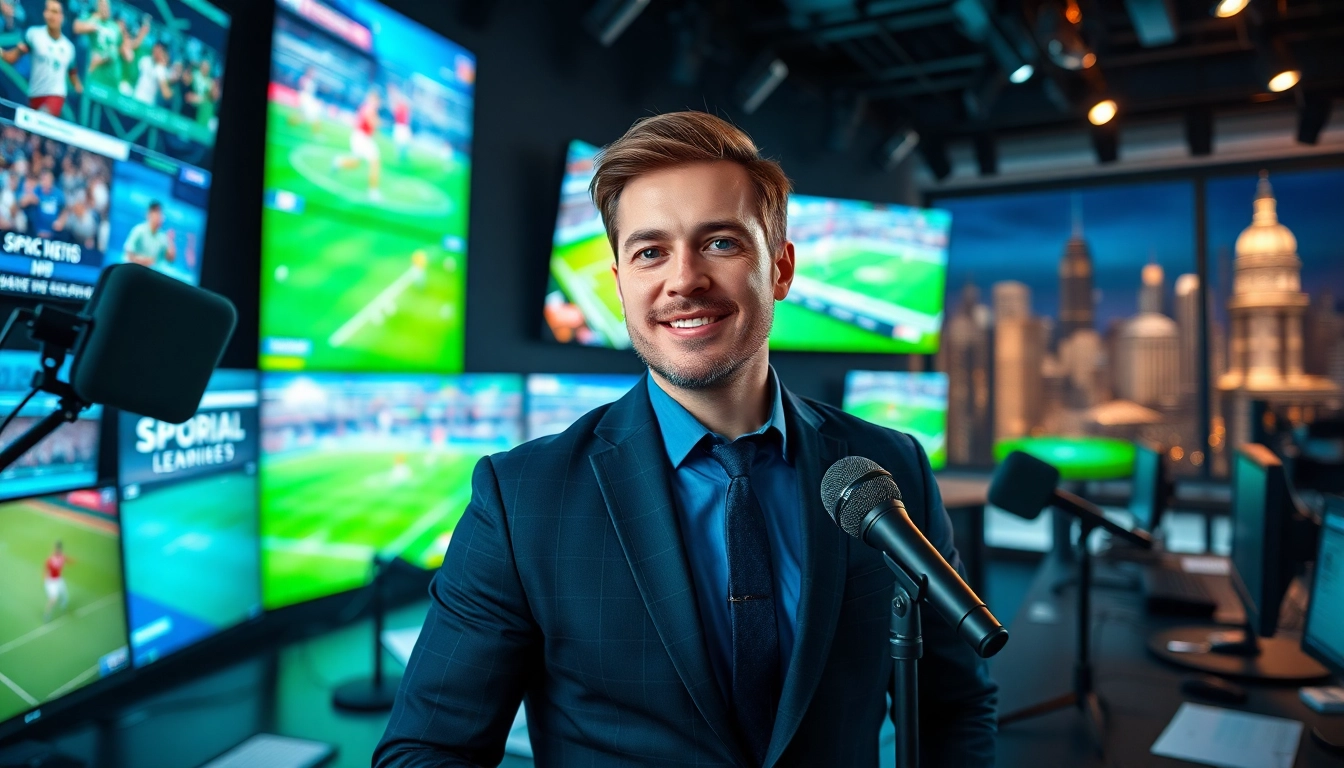 Engaging scene of a sports broadcasting professional delivering the latest updates on sports broadcasting.