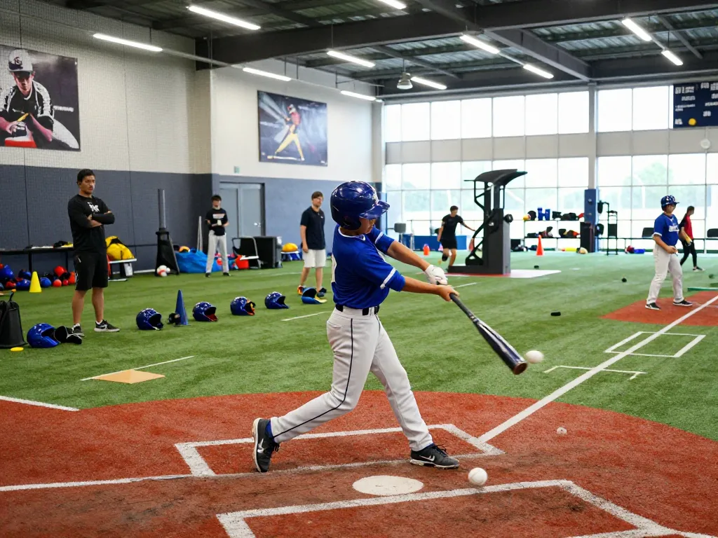 Hitclub baseball training session with athlete swinging bat indoors, showcasing energy and dedication in practice.