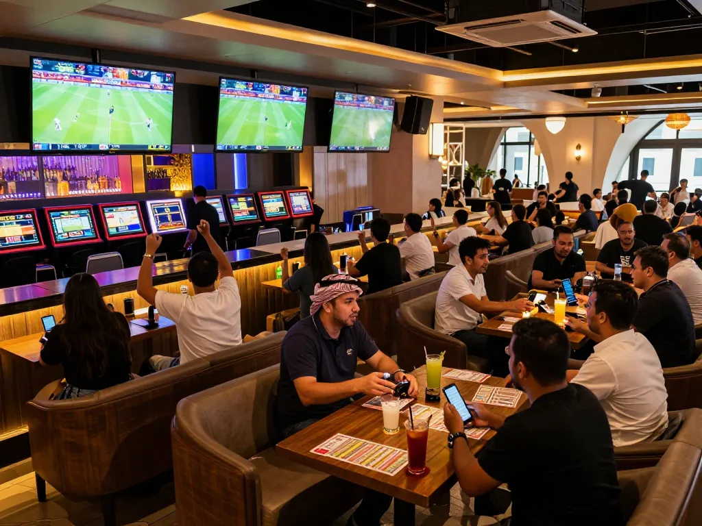 Engaged sports fans placing bets at Oxbet Dubai with excitement evident in the lively atmosphere.