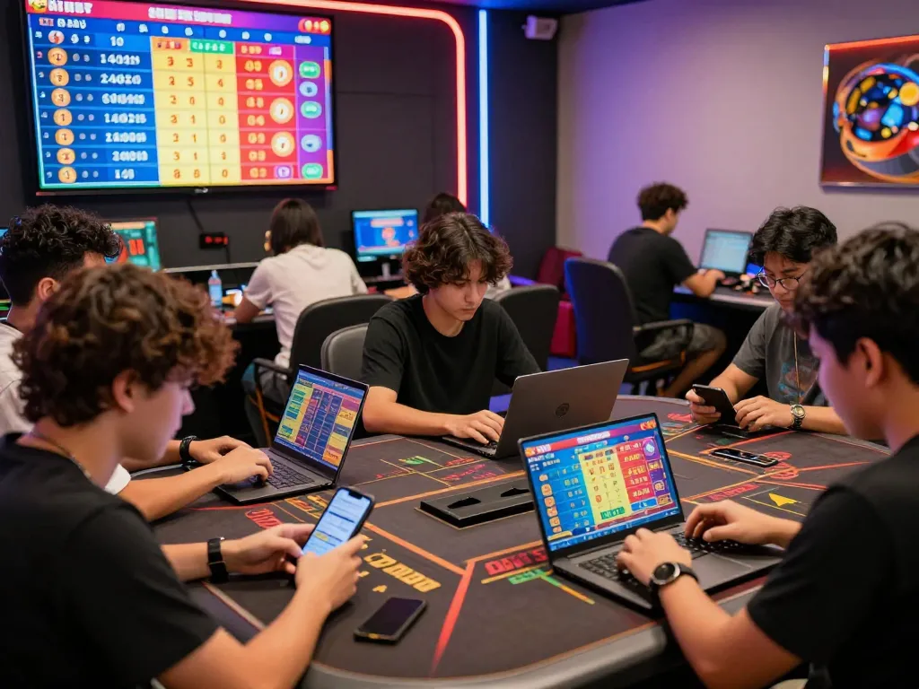 Players engaging in lô đề online at a vibrant, modern gambling setting with smartphones and laptops.