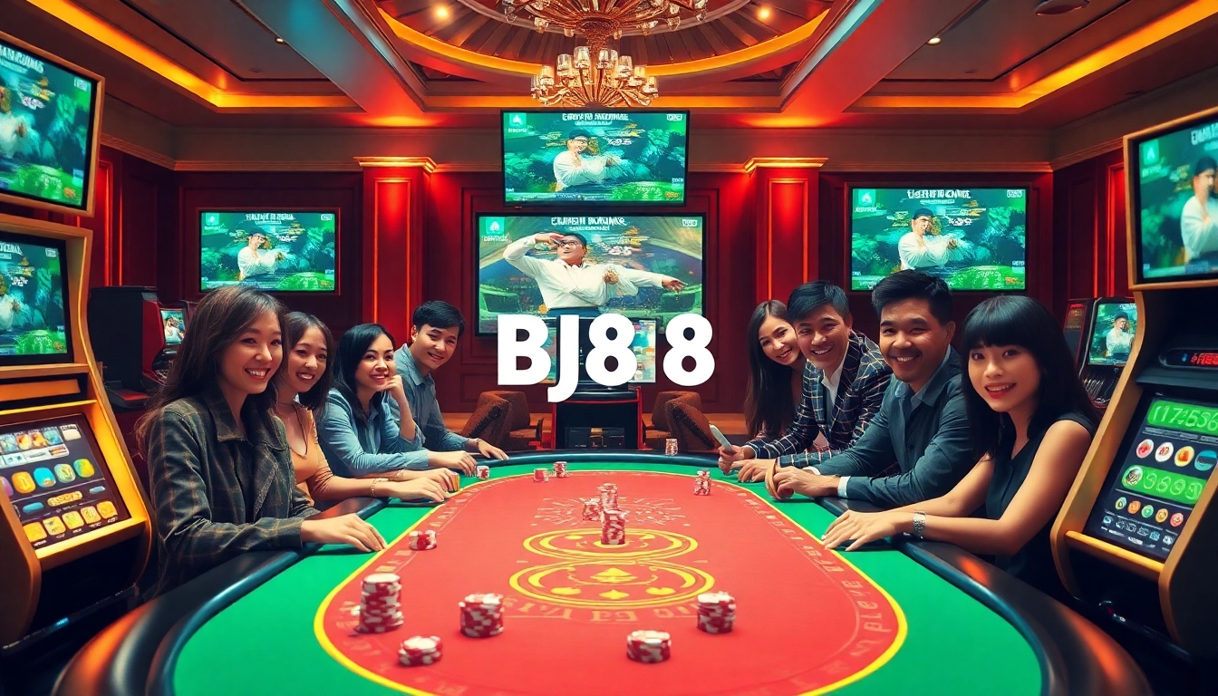 Players enjoying thrilling online gambling at BJ88 with vibrant casino elements and live action displays.