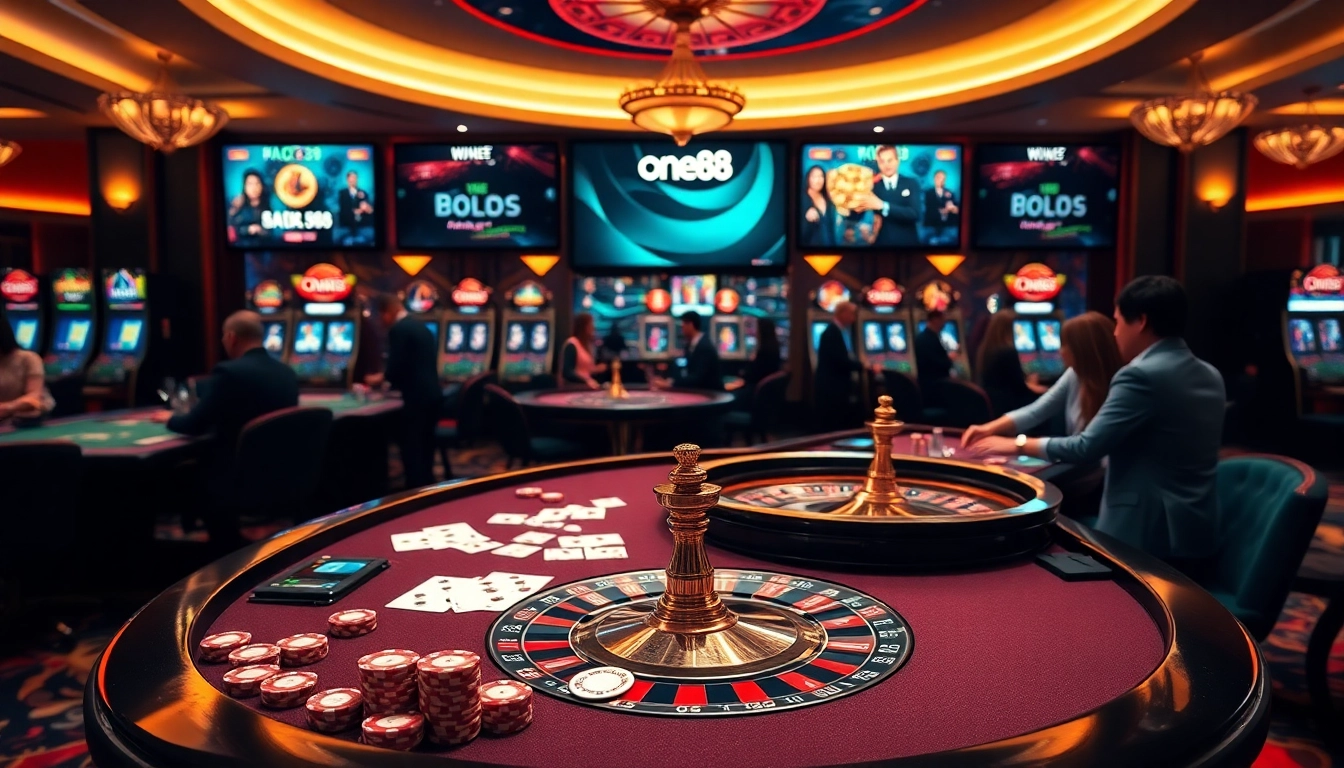 A thrilling online gaming experience at nhà cái one88 showcasing elegant casino tables with chips and cards.