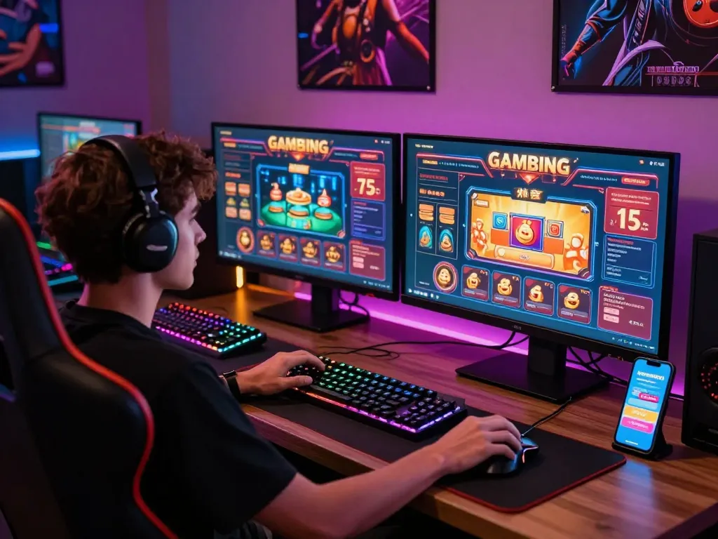 Engaged player experiencing excitement on sunwin20 online gaming platform, showcasing vibrant screens and accessories.