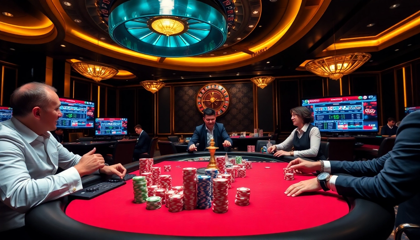 THABET poker game in a vibrant casino setting with colorful chips and an engaging dealer.