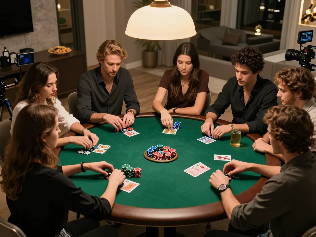 Players enjoying a friendly poker game at home, showcasing nk88.com gaming strategies and social interaction.