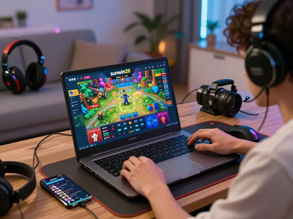 Player immersed in online gaming on sunwin20, showcasing vibrant graphics and gaming setup.
