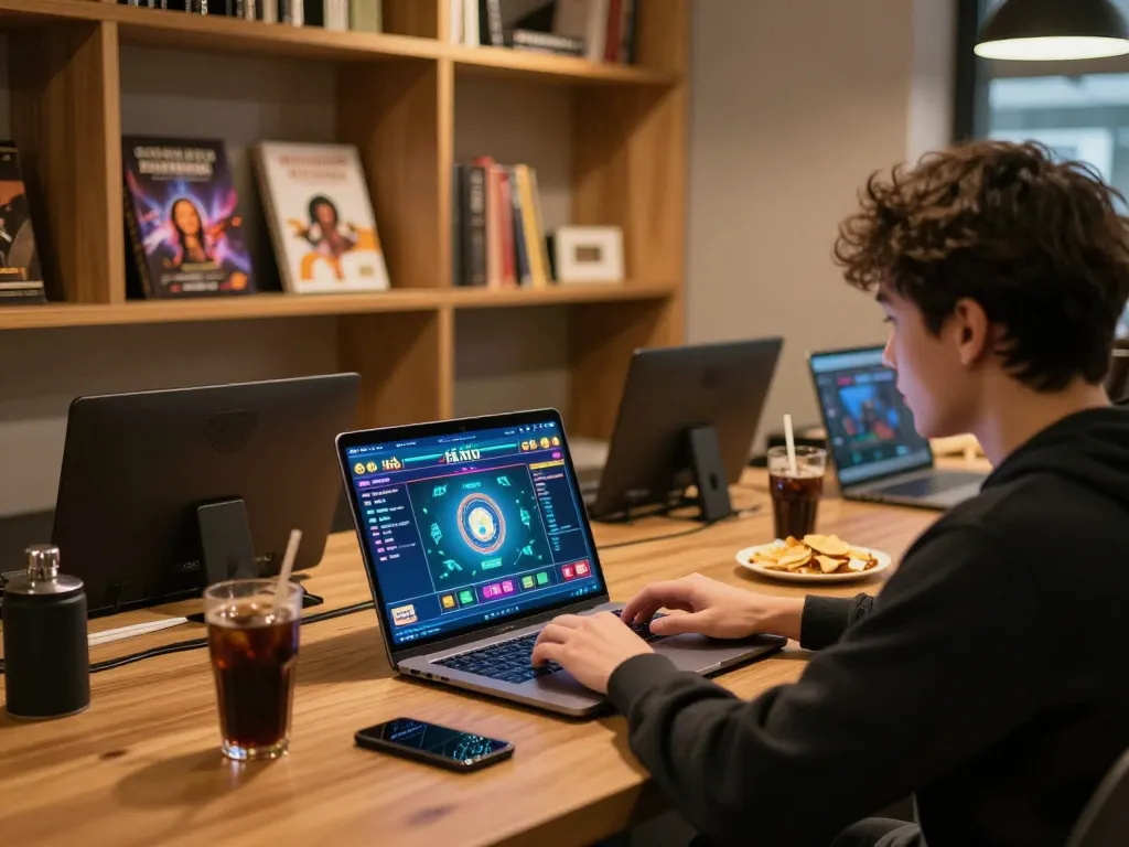 Engaged in tài xỉu online gameplay on a laptop, analyzing strategies in a cozy home setting