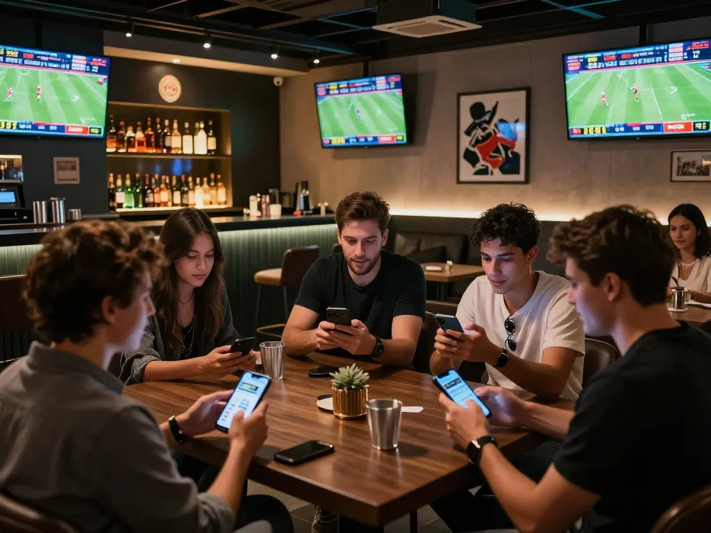 NET88 sports betting scene illustrating patrons engaged with smartphones and live match screens, capturing excitement and strategy.