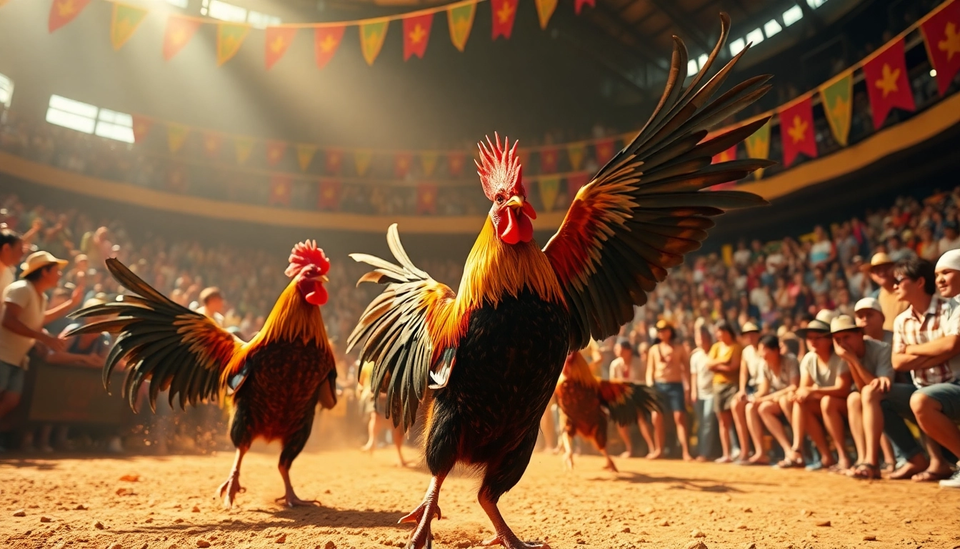 Alo789 Đá gà trực tiếp highlights excitement in a cockfighting arena, capturing vibrant action.