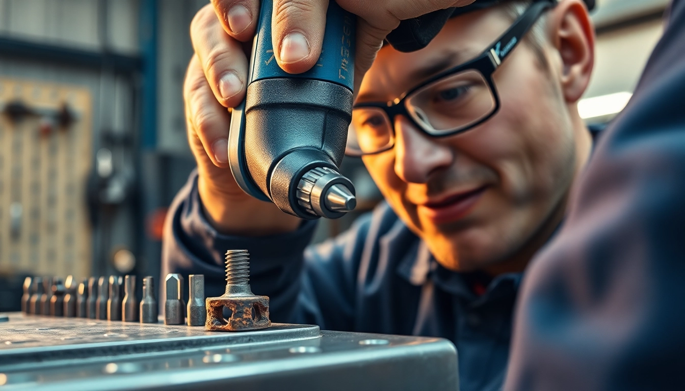 Professionista che utilizza un cacciavite a percussione Usag per svitare un bullone arrugginito in un ambiente di lavoro.