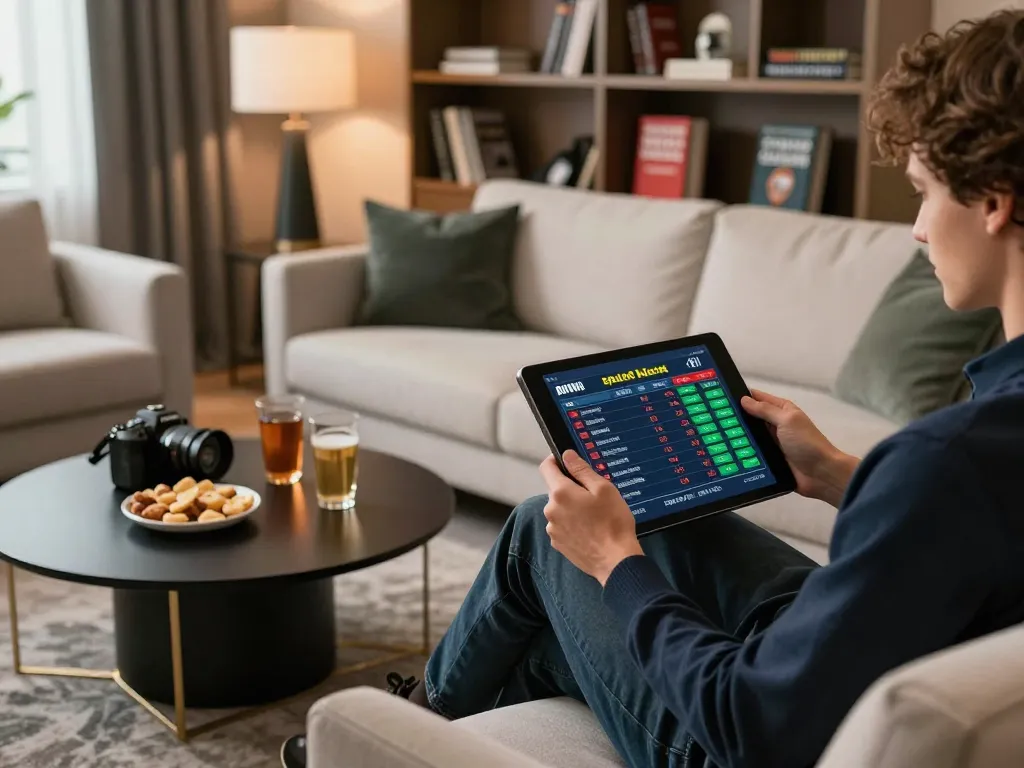 Engaging in mobile sports betting on tablet during cozy home evening, link vào Net88 for easy access.