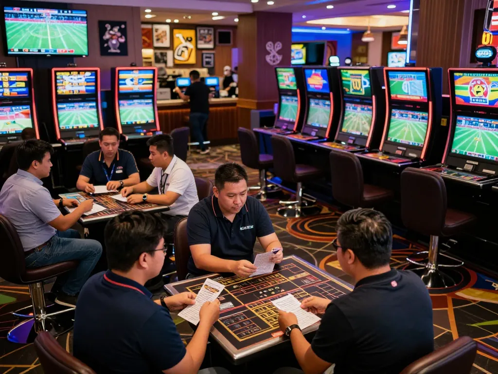 Excited patrons discussing sports bets at nhà cái BL555's vibrant sports betting area