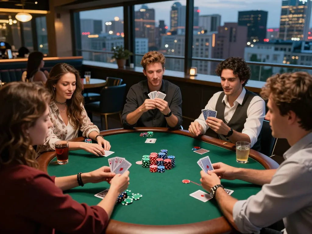 Engaged friends enjoying a poker night, embodying the social spirit of nhà cái UU88 in a vibrant setting.