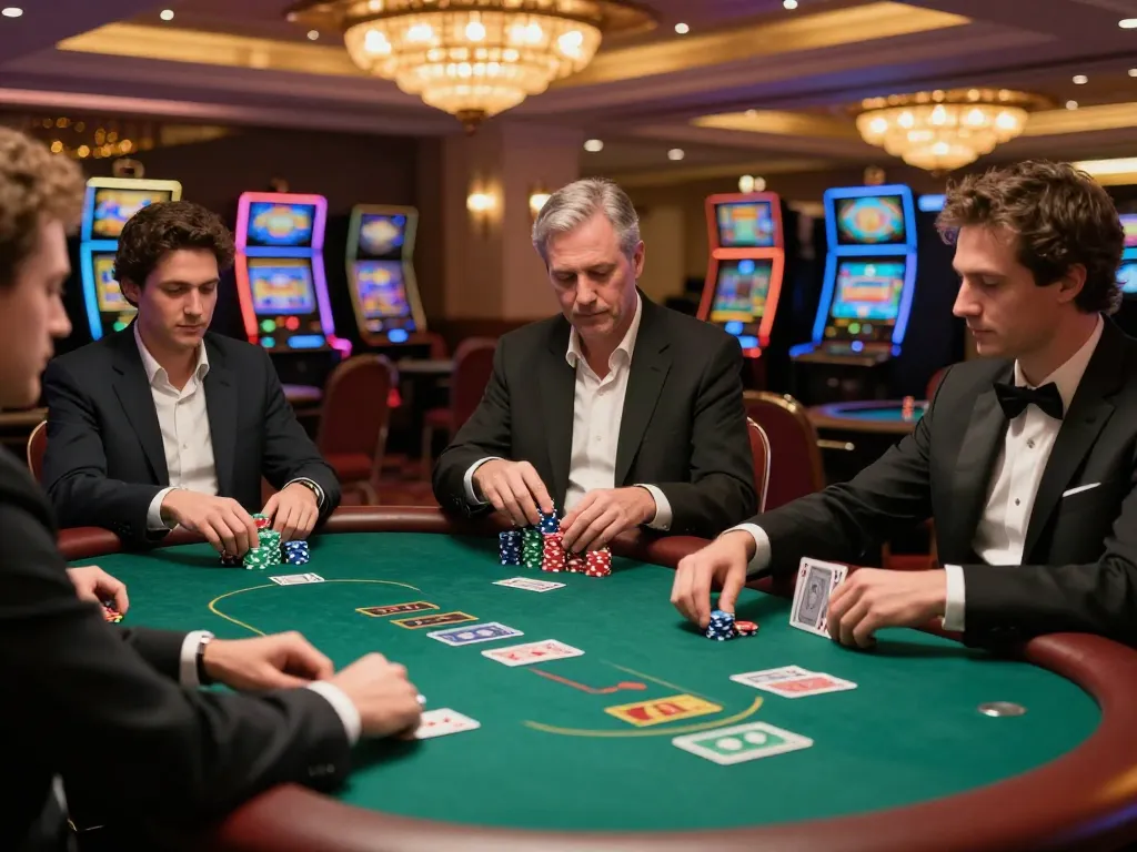 Players engaged in a strategic poker game at cm88game casino under warm ambient lighting.
