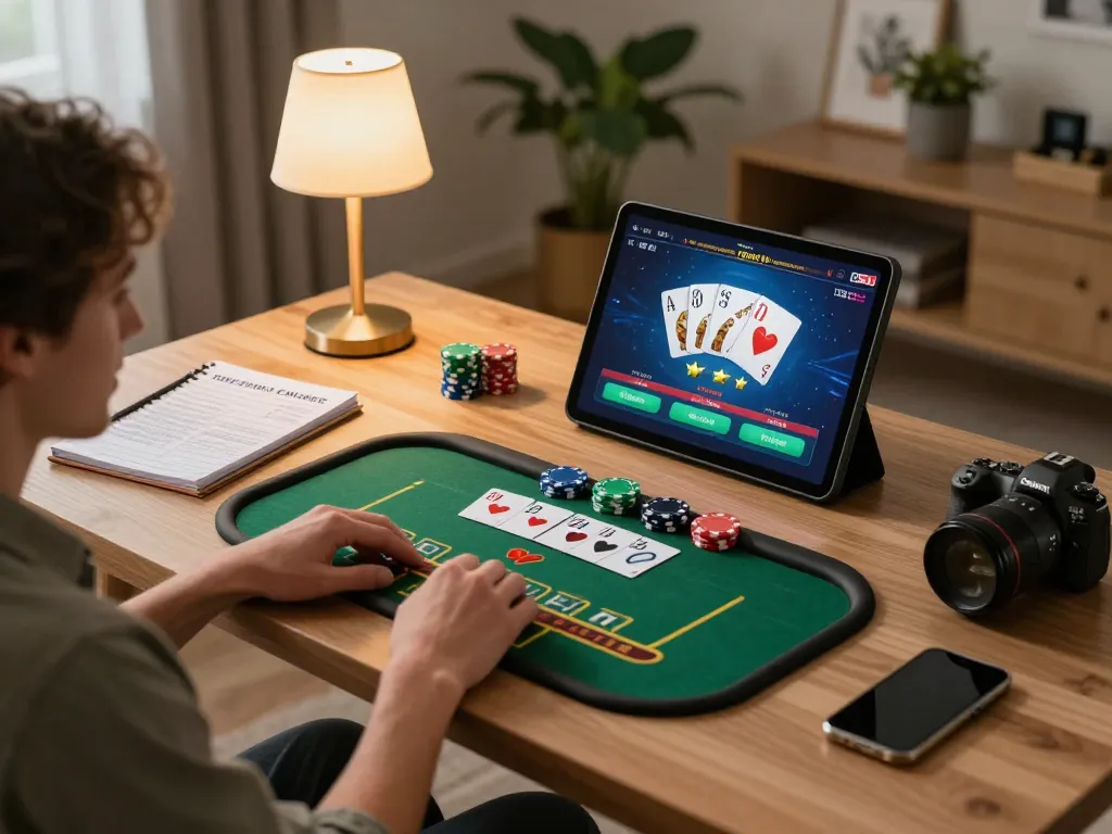 Player engaging in online poker at home using LV88 app, with strategy notes visible.