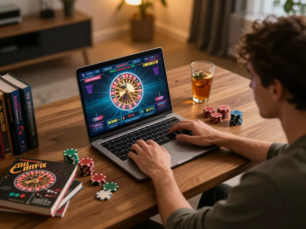 Player enjoying online gaming at DN88 with roulette displayed on screen, chips and strategy books nearby