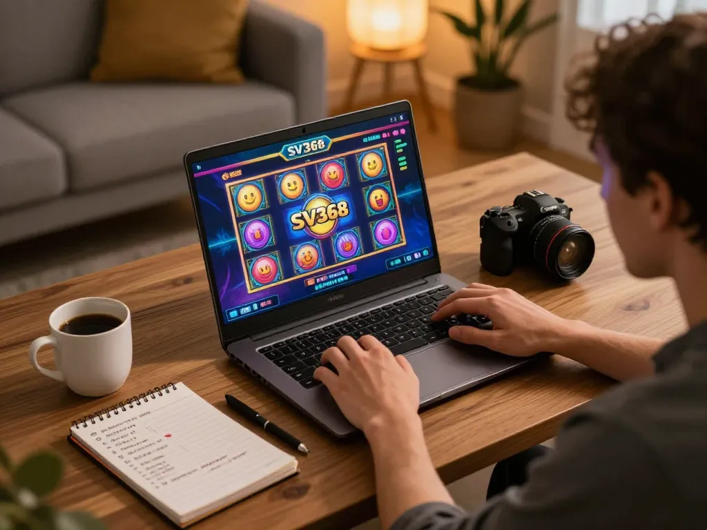 Engaging player enjoys SV368 slot games on laptop in cozy home setup, showcasing strategic betting environment.
