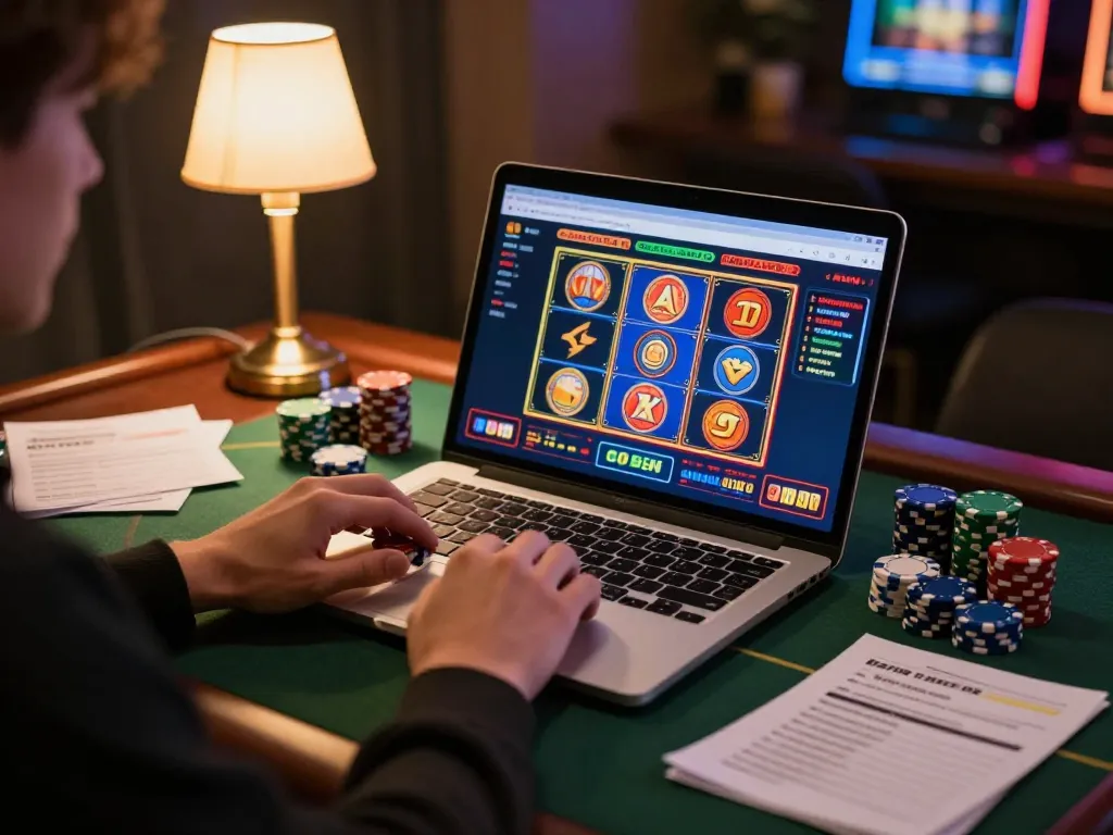 Engaging online gambling session at nk88 with vibrant slot machines and strategic notes.