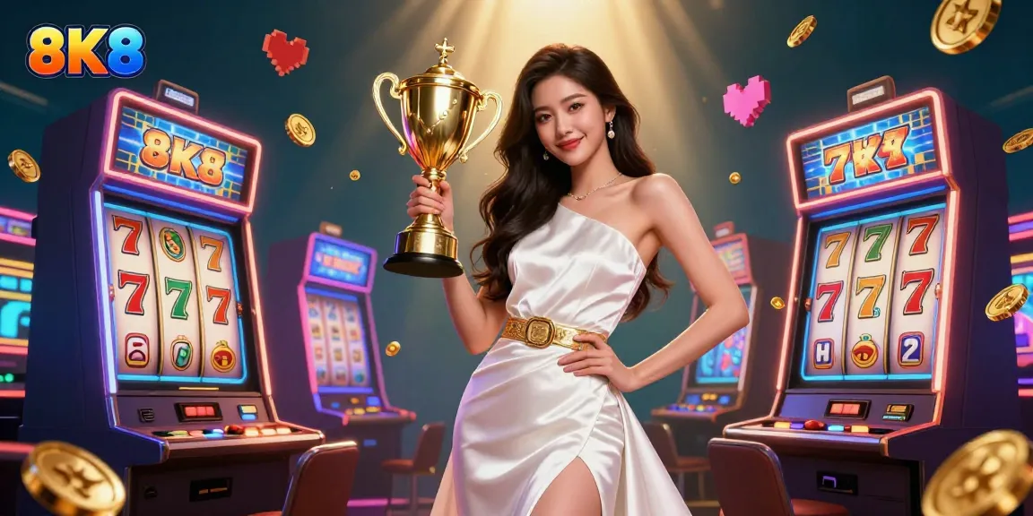Experience the thrill of winning at 8K8 Casino with vibrant slot machines and a triumphant Asian winner in an exciting 3D scene.