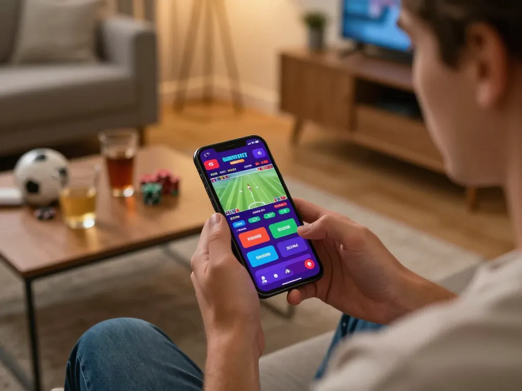 Experience the thrill of sports betting with 789winf on a smartphone in a cozy home atmosphere.