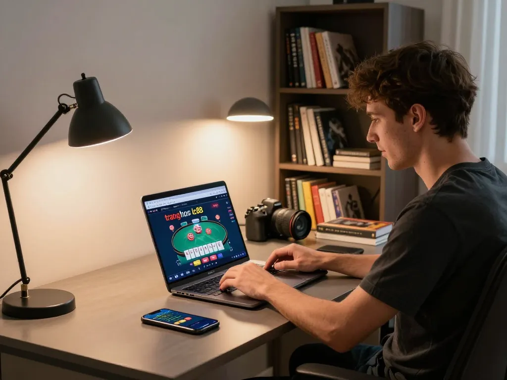 Engaging with the trang chủ lc88 website, a player strategizes online poker from a cozy home office.