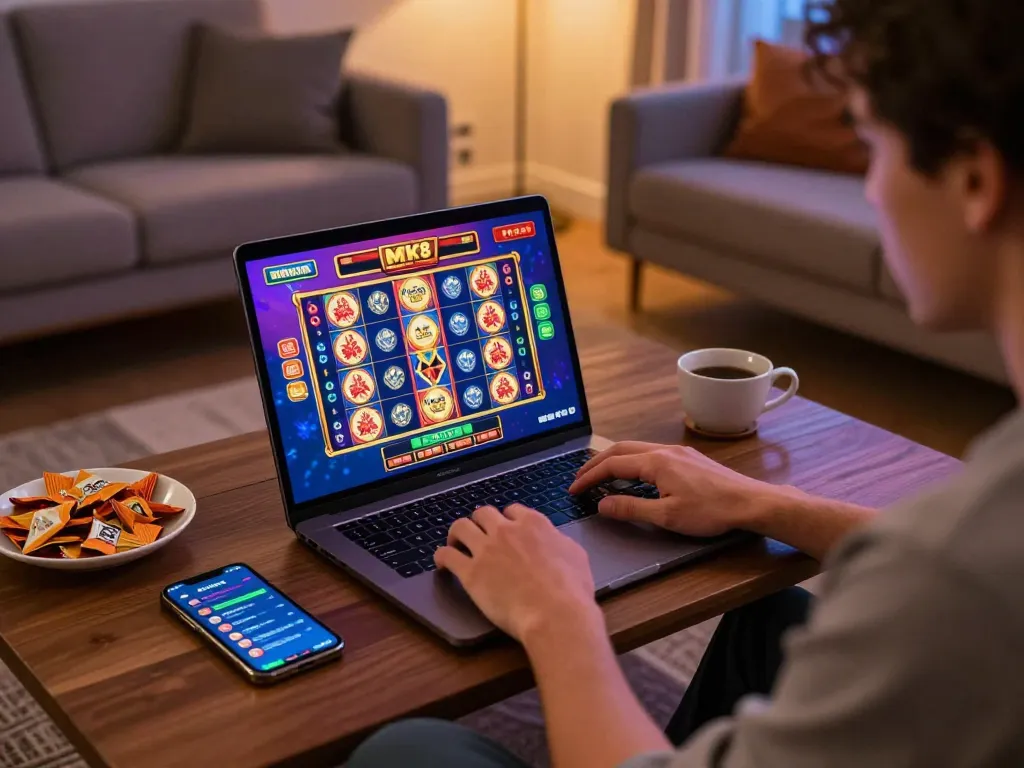 Action-packed MK8 online gaming session with player using laptop in a cozy environment.