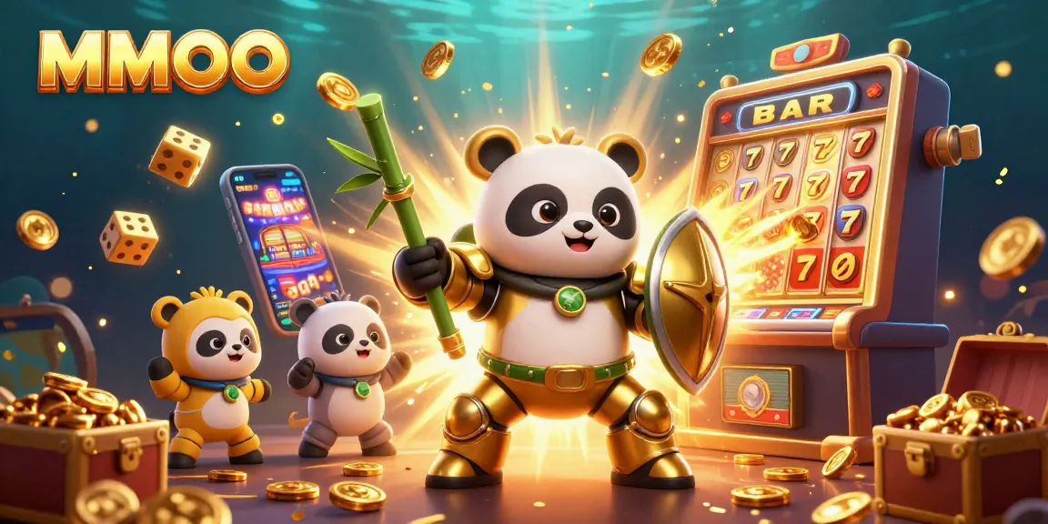 MMOO unveils a golden panda piloting a robot amid a dazzling casino scene with jackpots and game elements.