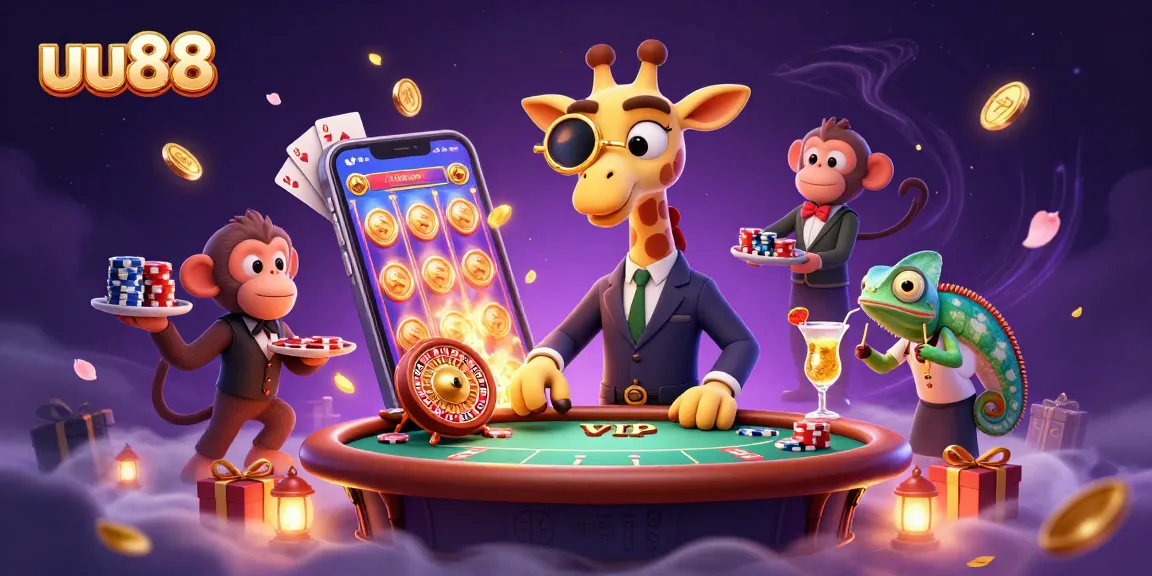 Win big at uu88 with a playful giraffe, monkey valet, and chameleon bartender at a vibrant casino.