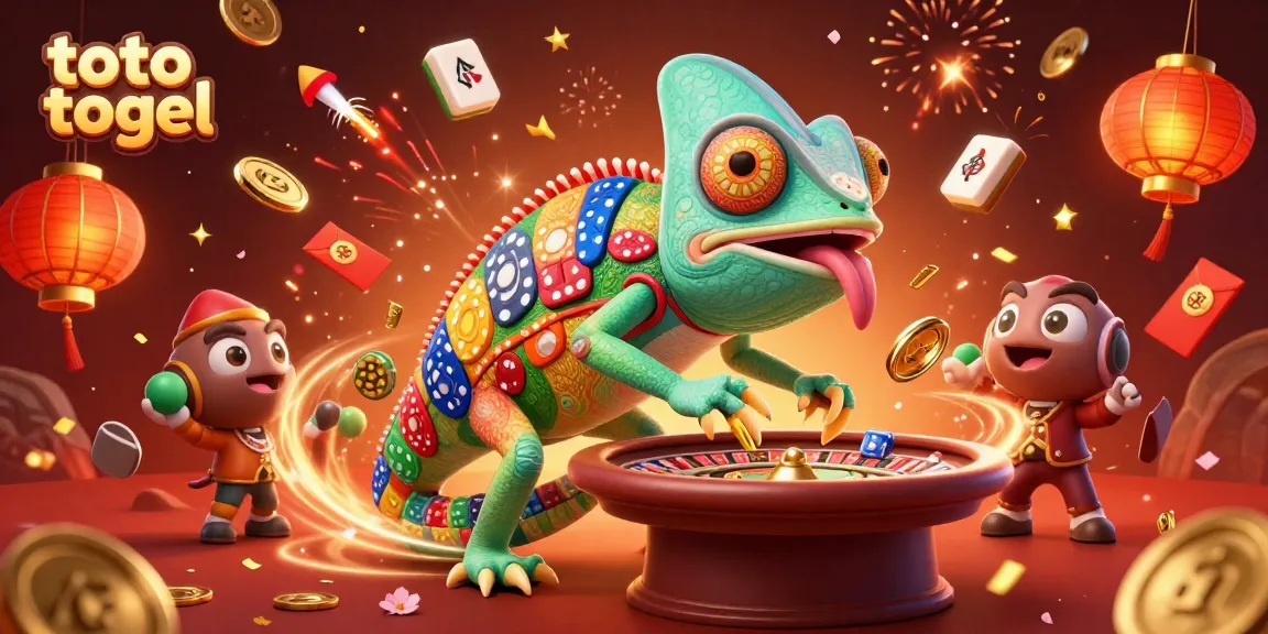 Experience thrilling toto togel excitement with a vibrant chameleon casino owner and festive game elements.