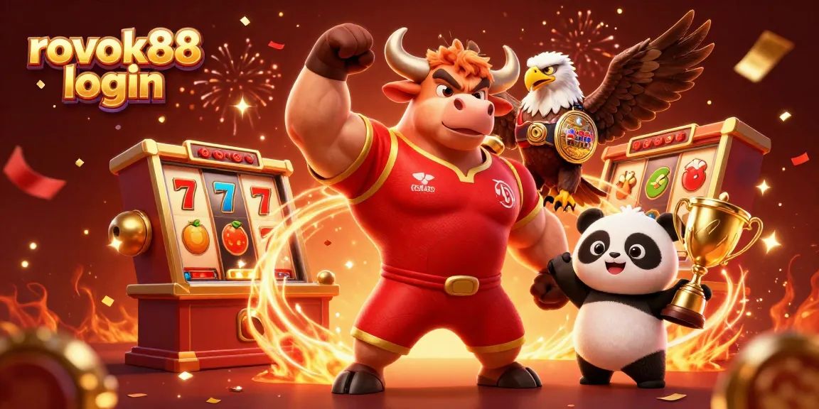 Join the excitement with rokok88 login as the bull mascot wins big among slot machines and festive details!