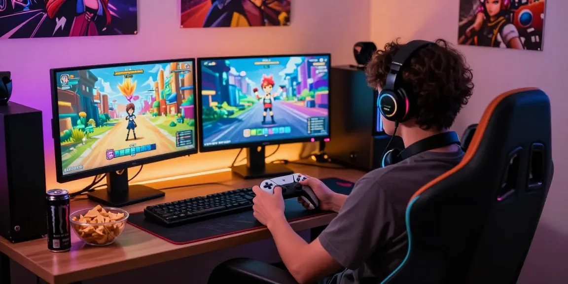Immersive gaming setup showcasing a player enjoying a hentai game with vibrant graphics and cozy atmosphere.