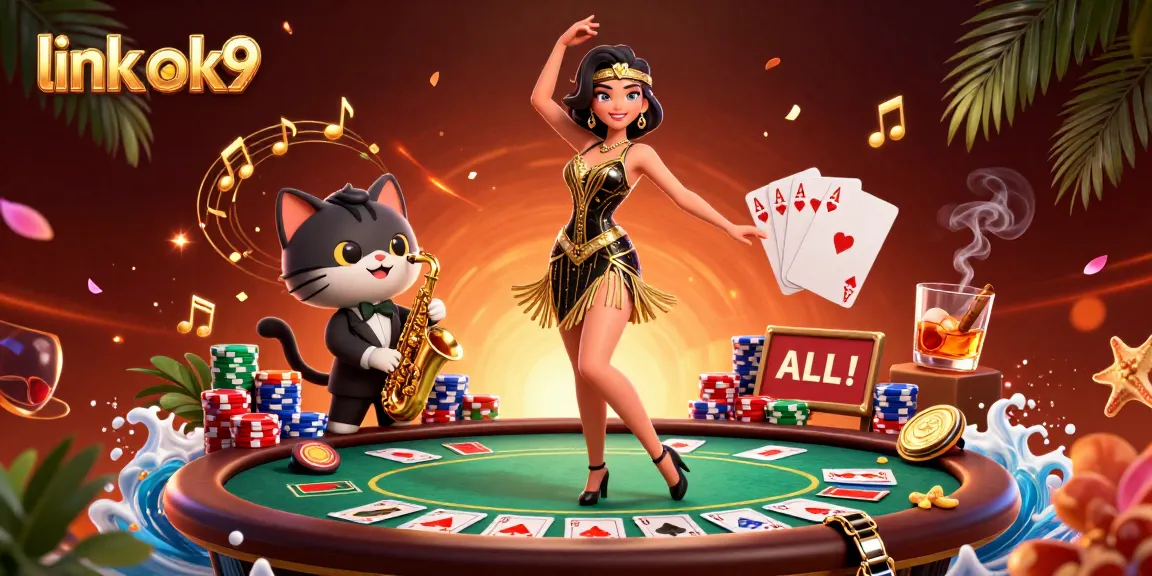 Engage in thrilling gameplay with link ok9 as characters dance amid poker chips and vibrant confetti.