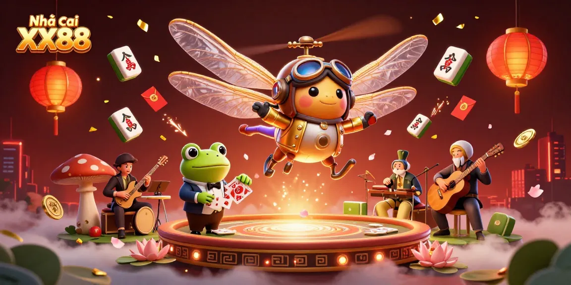Engage with Nhà cái XX88 in a vibrant 3D casino scene featuring a dragonfly pilot and frog dealer.
