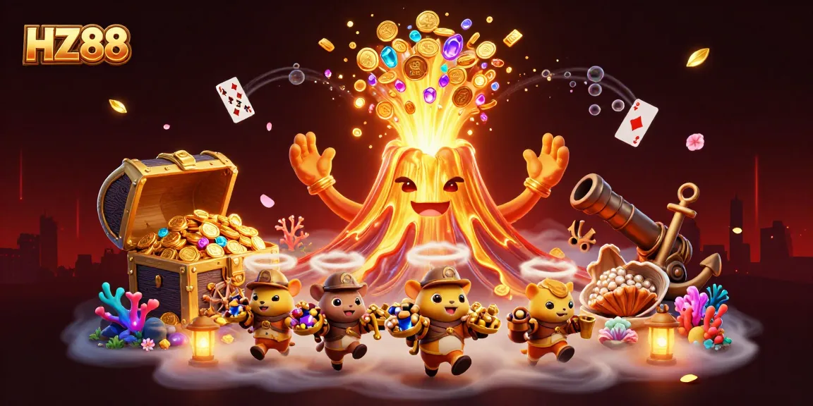 Play exciting games at HZ88, featuring a vibrant 3D casino scene with treasures.