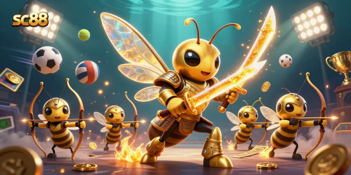 Engage in thrilling gameplay at SC88 with a 3D cartoon hornet samurai wielding katanas amidst dynamic sports elements.