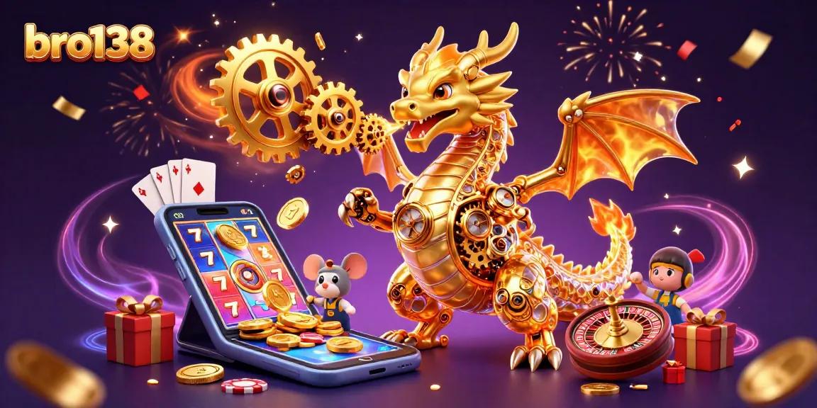 Experience the excitement of bro138 with a golden dragon breathing gears and vibrant slot games.