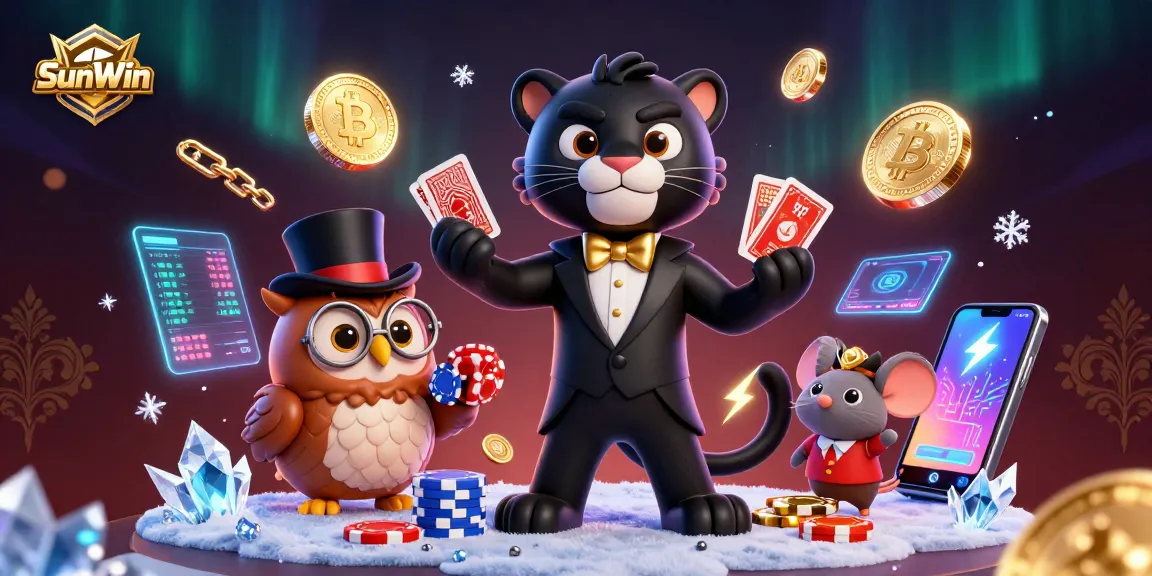 Experience exhilarating gameplay at SunWin with a stylish panther dealing cards, illuminated by vibrant neon coins.