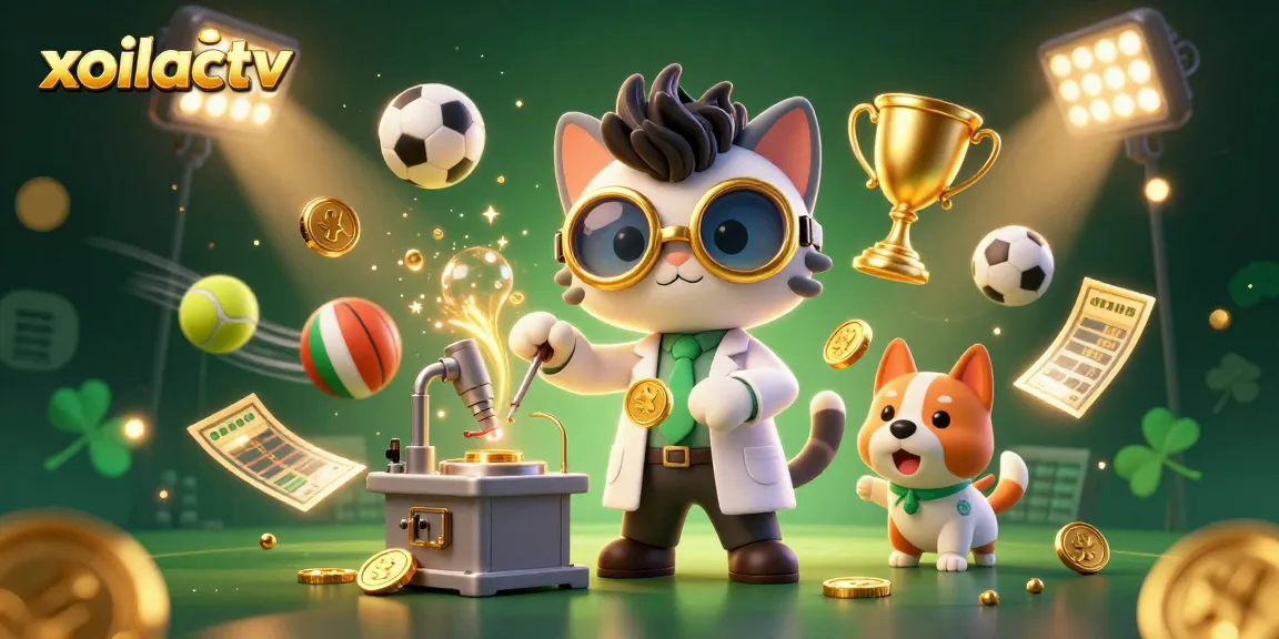 Xoilactv enhances sports betting excitement with dynamic 3D illustration of a mad scientist cat creating a gold-coin-replication machine.