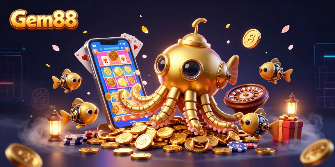 Engage with Gem88's thrilling casino experience, where a golden kraken submarine emerges amid vibrant slot games and shimmering coins.