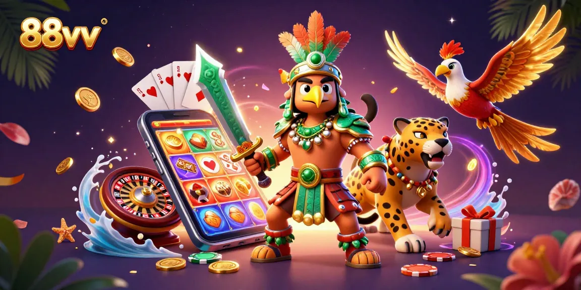 Experience thrilling gameplay at 88vv with a vibrant scene of Aztec warriors and slot machines.