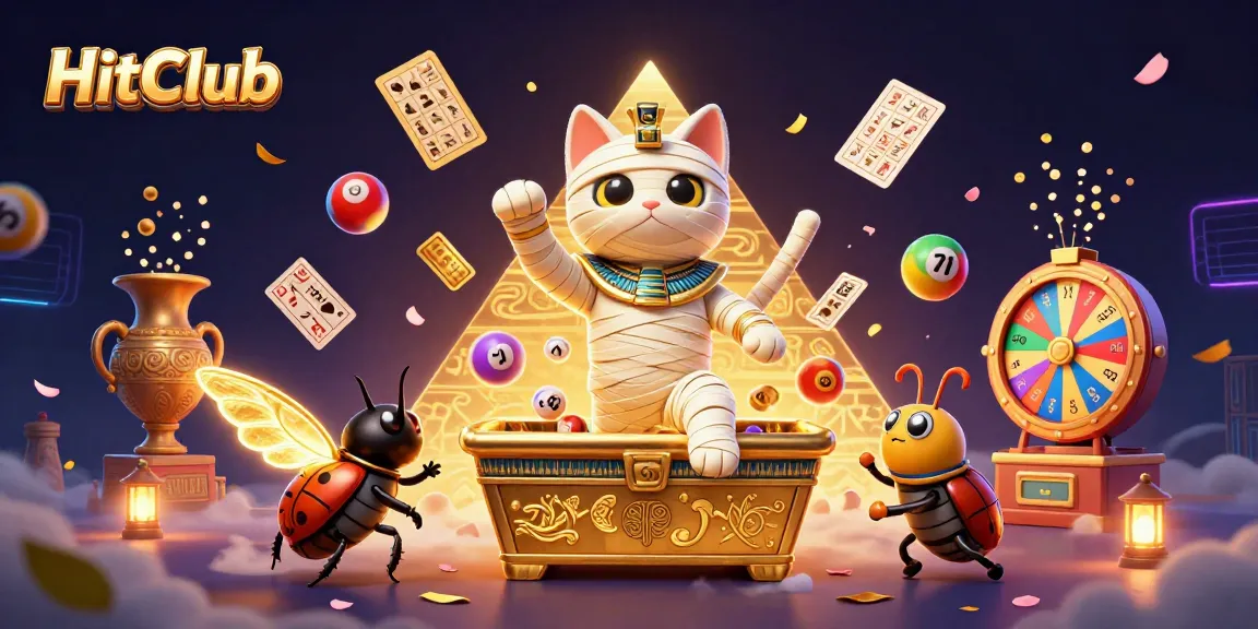 Experience thrilling wins at HitClub with a 3D cartoon Egyptian mummy cat and vibrant lottery action.