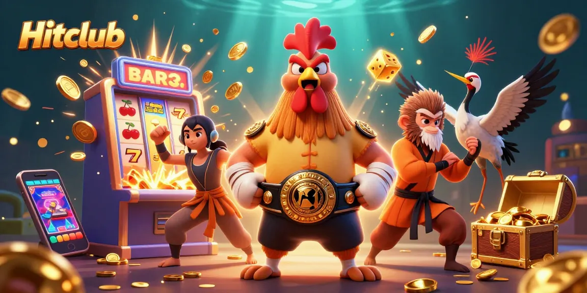 Hitclub features a vibrant 3D scene of a Muay Thai rooster, monkey martial artist, and crane master amidst a jackpot explosion in a casino.