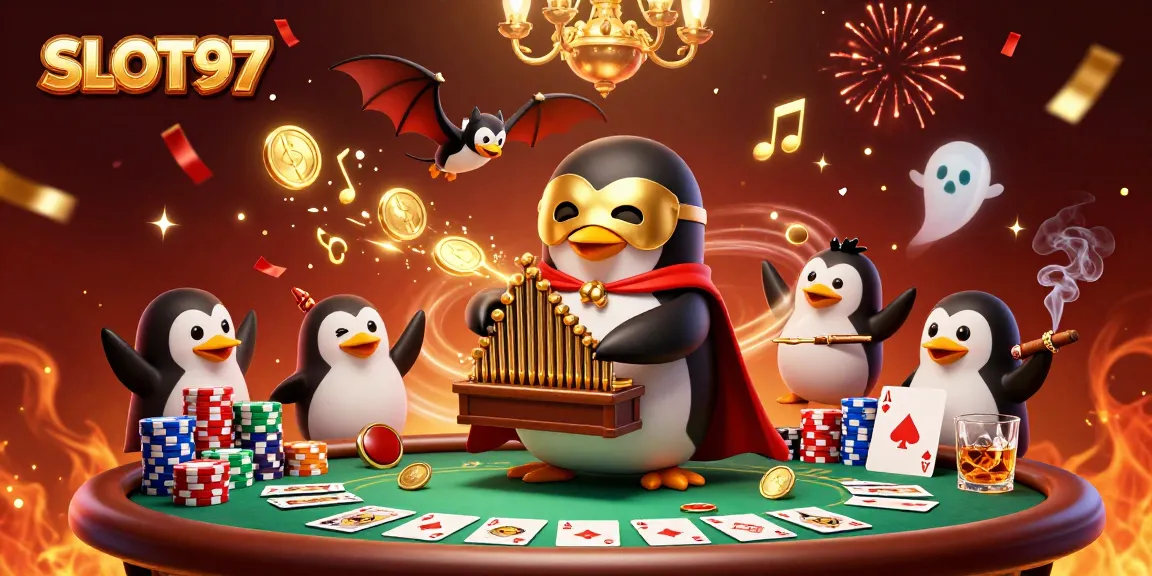 SLOT97 platform brings vibrant casino action with golden coins and immersive gaming scenes.