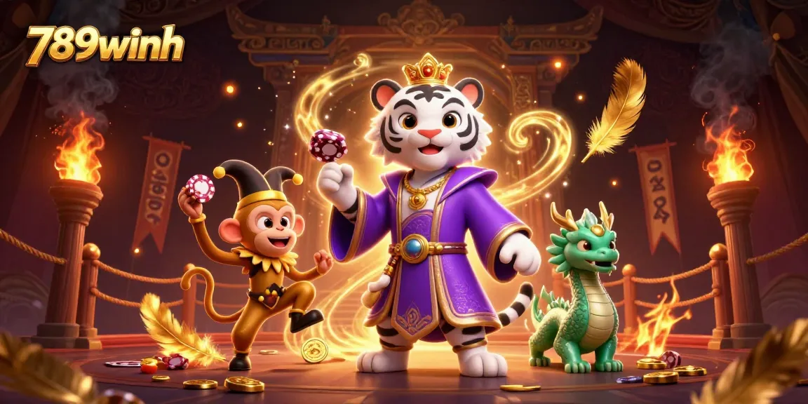 Experience the magic of 789winh with a royal tiger and jester monkey amidst a vibrant casino scene.