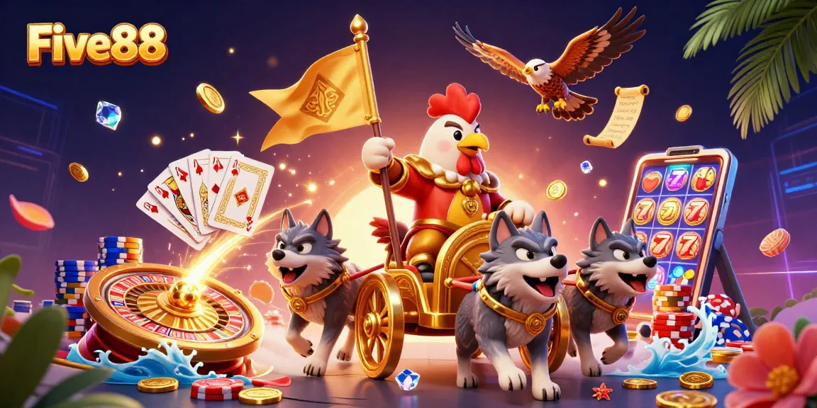 Experience dynamic gambling action at Five88 with captivating characters and vibrant casino elements.