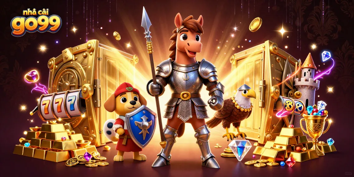 Experience the excitement at nhà cái go99 with a 3D knight, squire, and falcon amidst glittering casino treasures.
