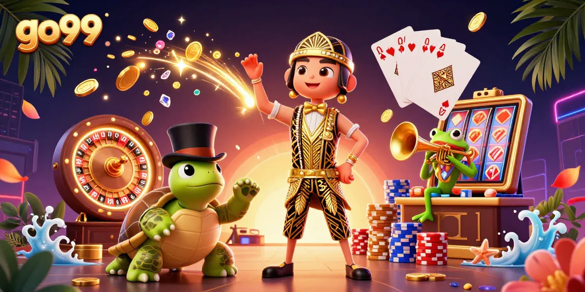 Spin and win at go99 with vibrant casino characters, golden coins and exciting game elements.