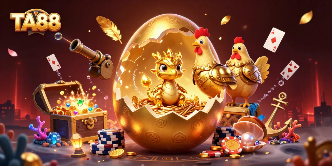 Experience TA88's vibrant casino world with a golden dragon perched on poker chips surrounded by gems.
